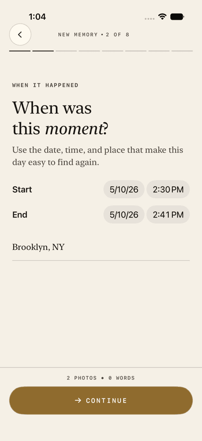 SceneMark app screenshot showing the date confirmation step