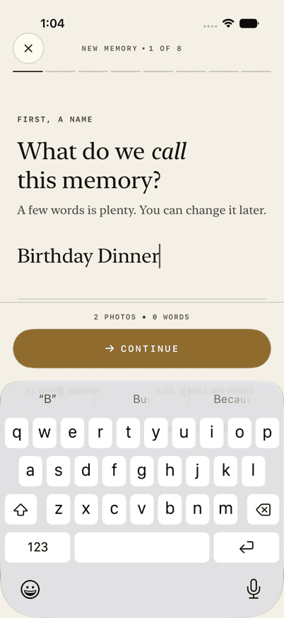 SceneMark app screenshot showing the first new memory naming step