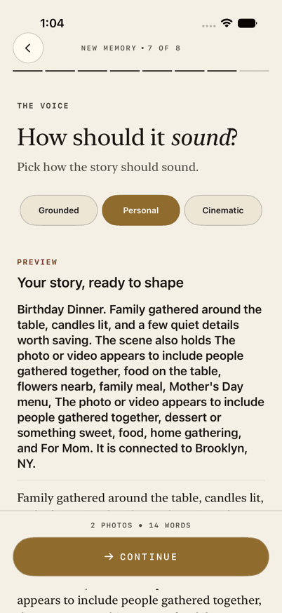 SceneMark app screenshot showing story tone choices and a draft preview