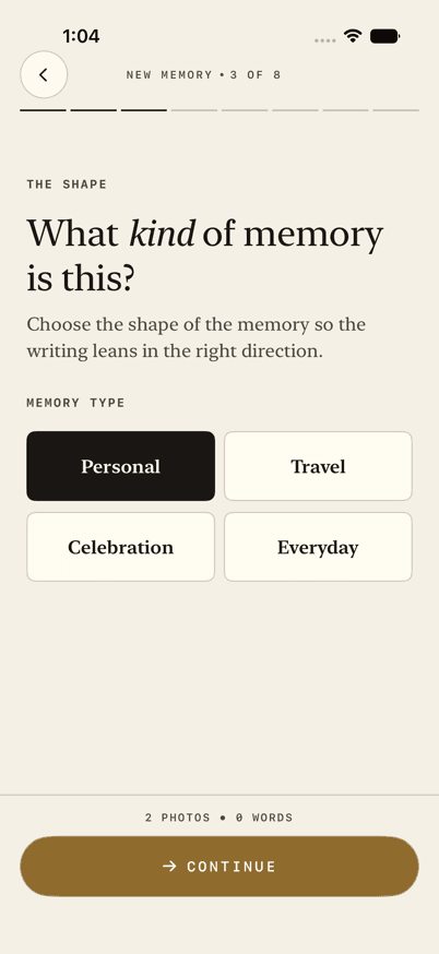 SceneMark app screenshot showing memory type choices