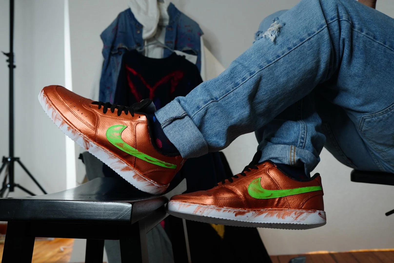 Custom copper coated Nike Air Force 1 sneakers with neon lime green Swooshes